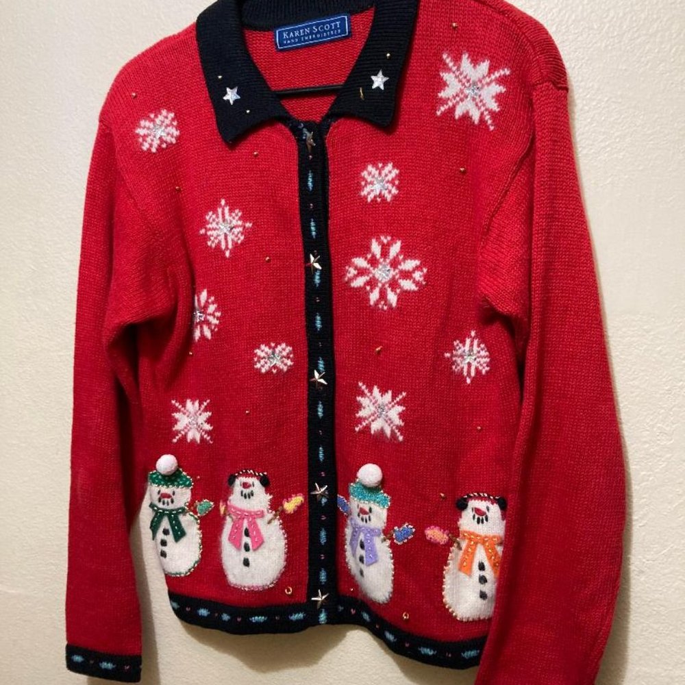 Vintage Karen Scott Women's Winter Snowmen Holiday Rabbit Fur Blend Sweater S